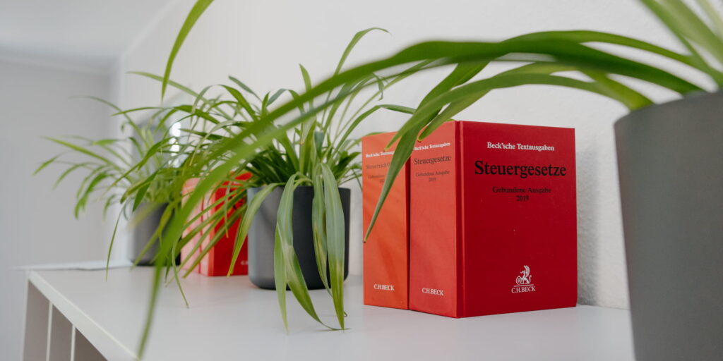 Mehrere Steuergesetzbücher stehen zwischen Pflanzen auf einem Regal.